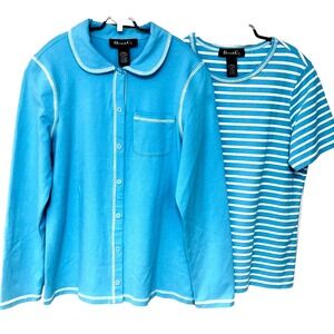 Denim & Co Striped T-shirt Snap Jacket Set 2 PC Blue Casual Activewear Womens S